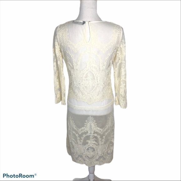 Zara Ivory Lace Long Sleeve Midi Dress Sz Medium - Picture 5 of 9